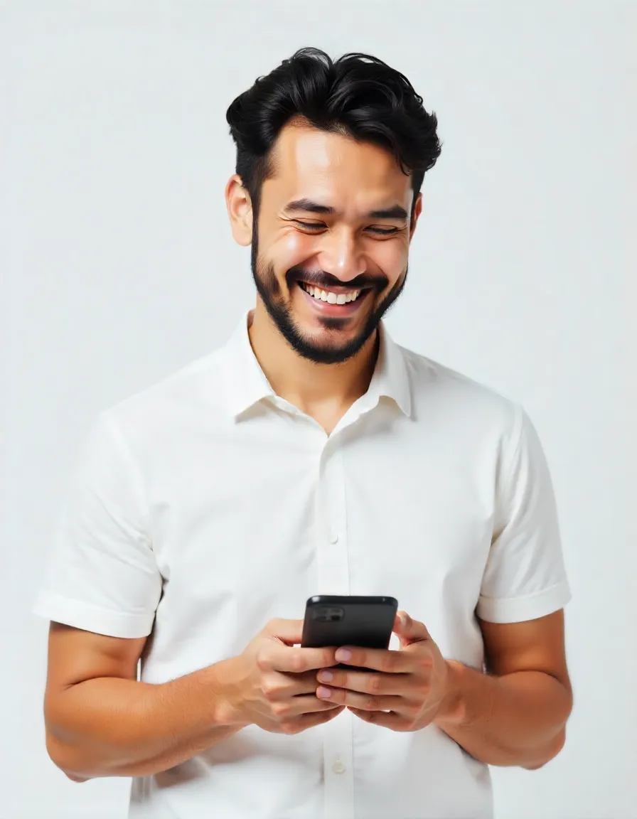 A client smiling while using his phone